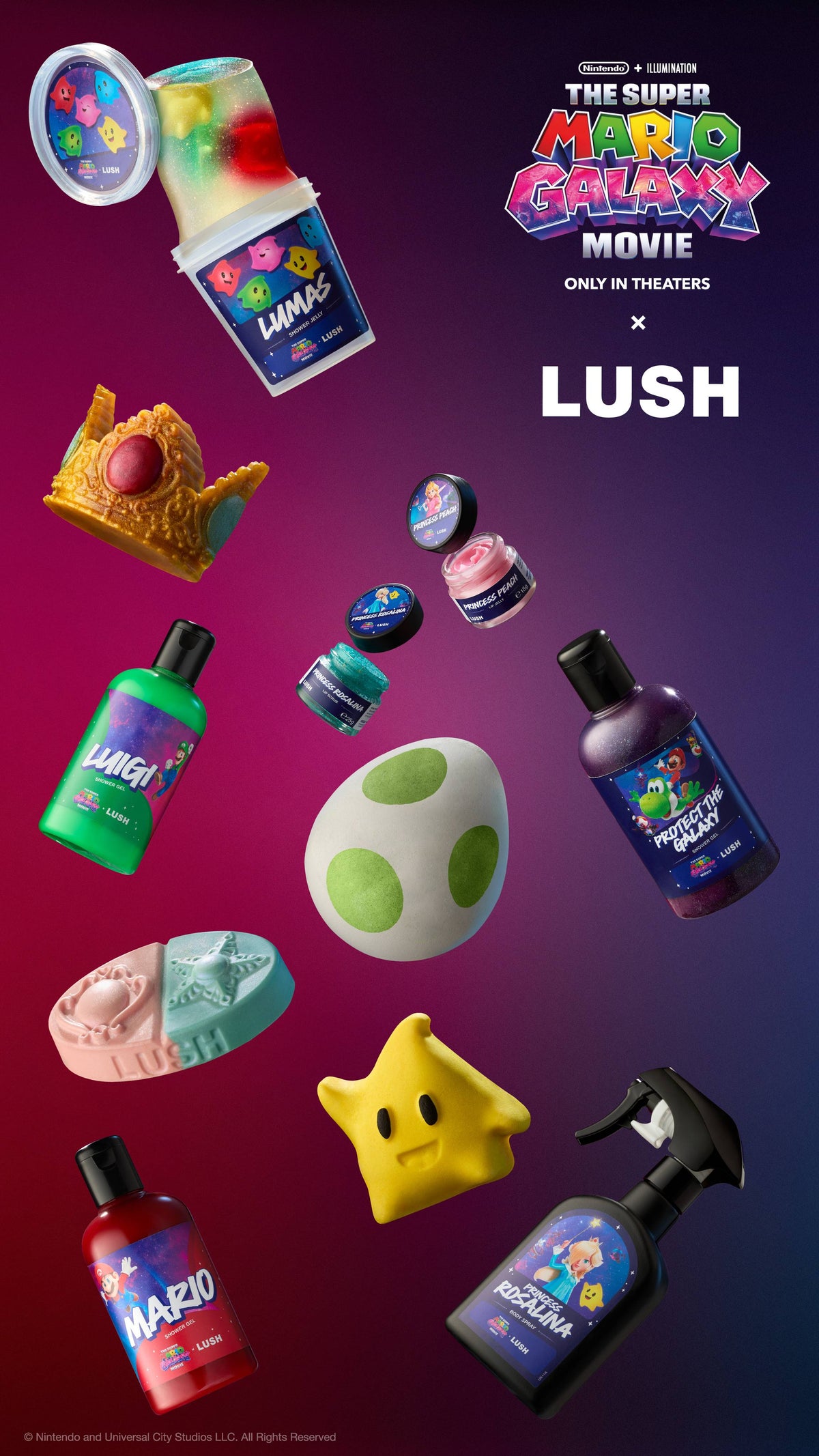 All Mario Galaxy X Lush themed products including a Yoshi egg, Luma shaped bath bomb, Lip scrub, Lip Balm, Body spray, shower jelly, crown shaped soap, massage bar and colorful shower gels floating against a purple gradient.