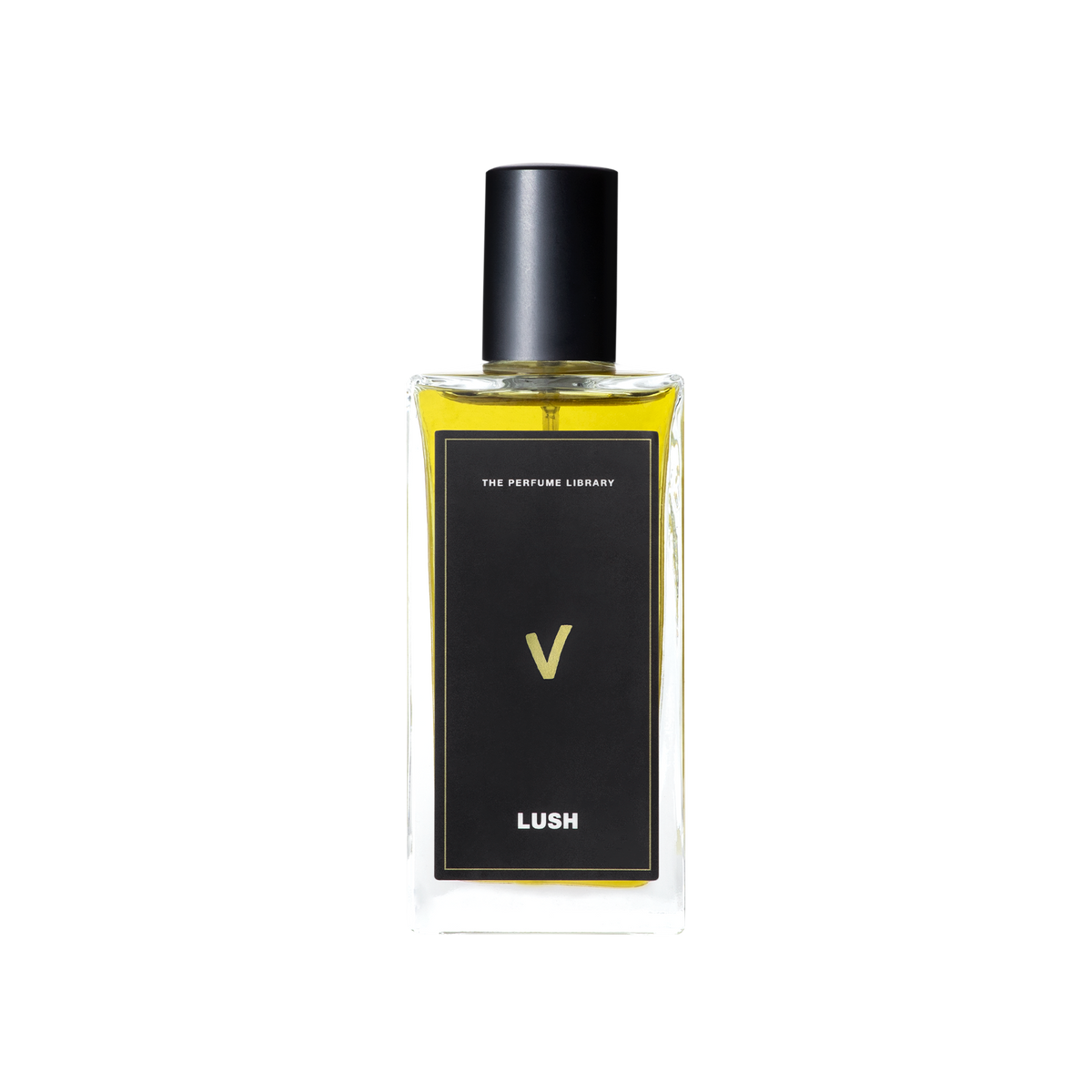 A glass perfume bottle filled with greeny-yellow liquid. A black label reads 'The Perfume Library' and 'V'.